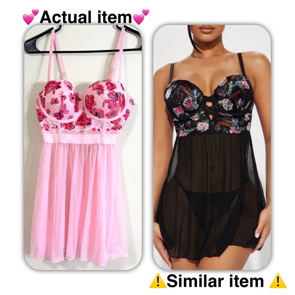 Feminine Floral Printed Lace and Mesh Babydoll Nightdress Lingerie - Pink Size M